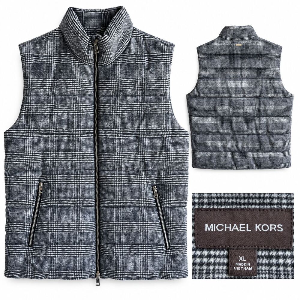 NWOT Michael Kors Prince of Wales Plaid Wool Puffer Vest Mens XL Gray Full Zip